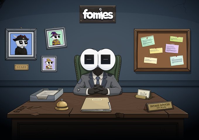 An animated 'fomies' scene featuring an intake officer character with large eyes sitting at a desk labeled 'EVO,' with framed portraits and a bulletin board in the background.