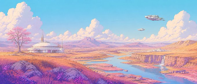 A pastel-colored digital landscape illustration featuring a futuristic dome building, cherry blossom trees, a winding river, mountains, and floating spacecraft in a vibrant sky.