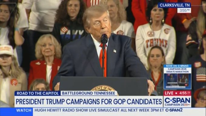 A C-SPAN news broadcast screenshot showing Donald Trump speaking at a podium with the chyron 'PRESIDENT TRUMP CAMPAIGNS FOR GOP CANDIDATES' in Clarksville, TN.