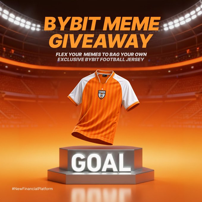 The image is a promotional graphic for a "BYBIT MEME GIVEAWAY," featuring an orange and white Bybit football jersey displayed on a podium labeled "GOAL" against a stadium backdrop, with the hashtag #NewFinancialPlatform. It ties to the post by visually showcasing the prize jersey participants can win by creating and sharing football memes featuring Bybit.