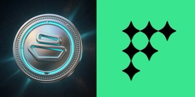 Two side-by-side cryptocurrency tokens: a glowing teal silver coin with a stylized 'G' logo on the left, and a green token with black diamond/star shapes forming a 'P' on the right.