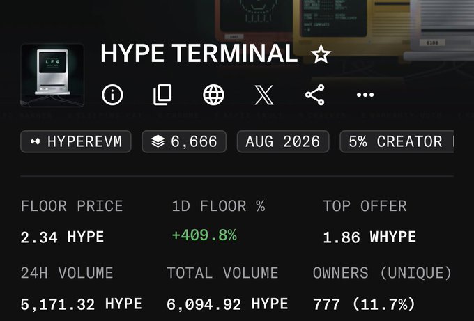 The image shows a "HYPE TERMINAL" NFT dashboard on HyperEVM with a floor price of 2.34 HYPE, 24h volume of 5,171.32 HYPE, and 777 unique owners, highlighting trading activity on the HyperLiquid platform.