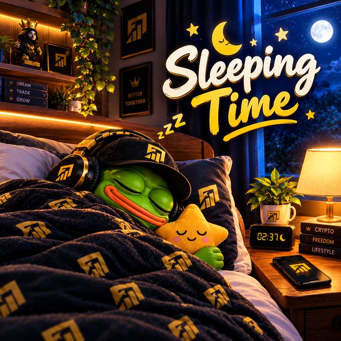 A green Pepe the Frog character sleeps peacefully under a branded blanket, wearing a black cap and headphones while cuddling a smiling yellow star pillow in a cozy bedroom setting. The scene features "Sleeping Time" text with a crescent moon, a digital clock reading "02:37," and books labeled "CRYPTO FREEDOM LIFESTYLE," "DREAM TRADE GROW," and "BETTER TOGETHER," visually reinforcing the post's goodnight message of restful dreams.