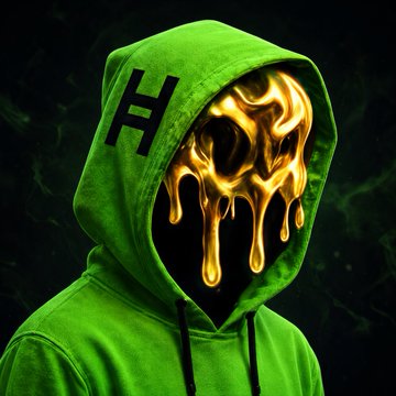 A figure in a green hoodie with the letter 'H' on it has a melting golden face covering where features should be, against a dark smoky background.