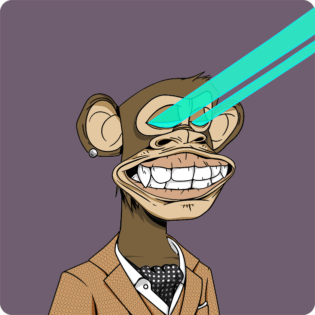 A digital illustration of a cartoon monkey character with a wide toothy grin wearing a brown suit jacket and polka dot tie, shooting cyan laser beams from its eyes against a purple background.