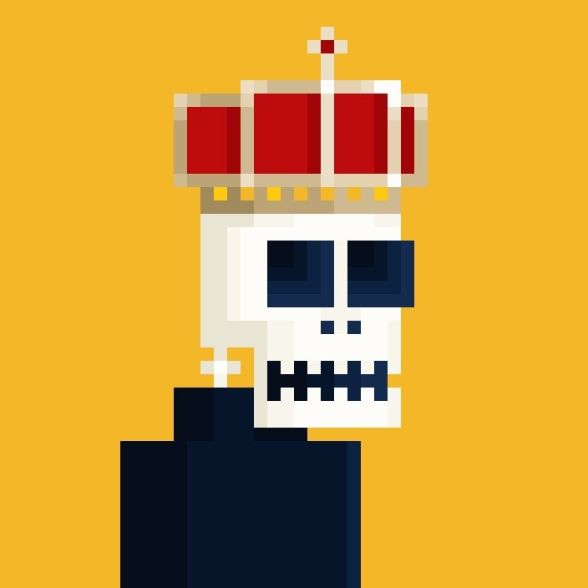 Pixel art illustration of a skeletal figure wearing a red and white crown against a bright yellow background.