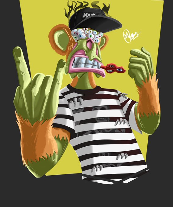 A digital illustration of a monkey character wearing a black cap with 'MA...' visible, sunglasses, a striped shirt, and making rock hand gestures with both hands.