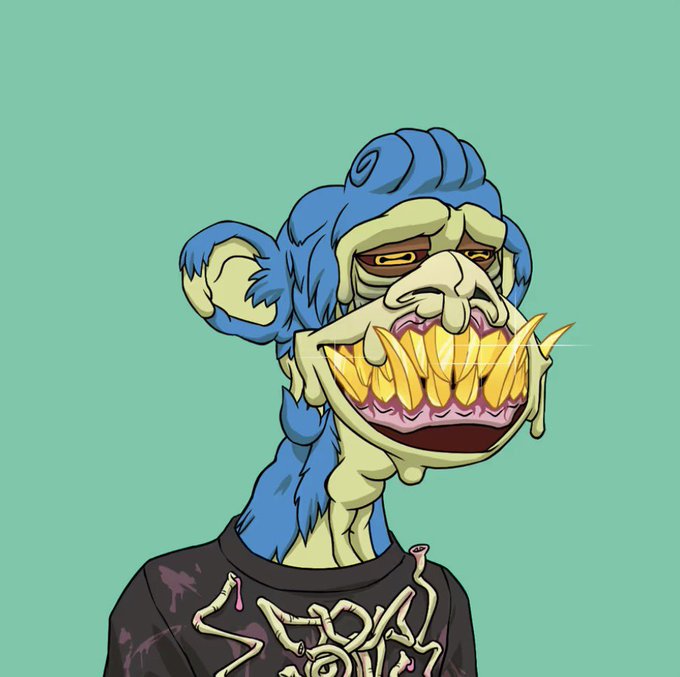 A digital cartoon illustration of a blue ape-like creature with a wide, jagged yellow-toothed grin wearing a black t-shirt with bones, set against a light green background.