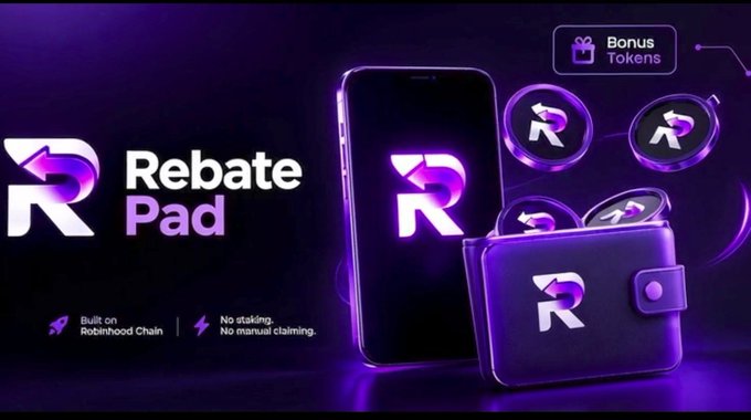 A purple promotional graphic for “Rebate Pad” shows a smartphone, a wallet or case, token icons, “Bonus Tokens,” and small text reading “Built on Robinhood Chain” and “No staking. No manual claiming.”