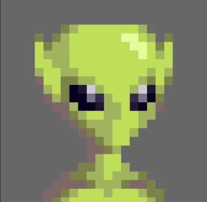 A pixel art image of a small green alien-like character with large black eyes and a gray background.