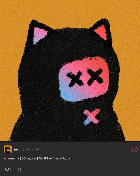 A dark cat illustration with X-shaped eyes and an X-shaped mark on its chest, displayed in an X post by user 'fenrir' (@fenrir_) stating: 'armed a $50 buy on $AGNTS — fires at launch'.