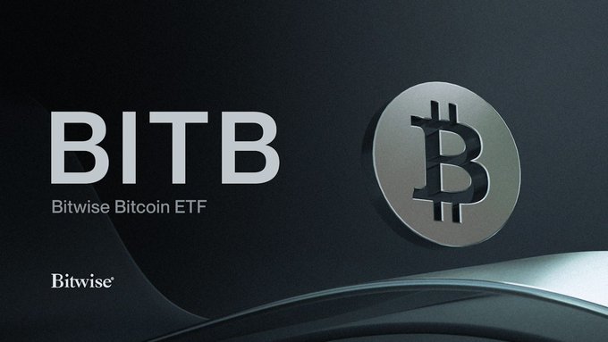 Bitwise promotional image for the BITB Bitwise Bitcoin ETF, displaying the ticker 'BITB' alongside a metallic Bitcoin coin logo.