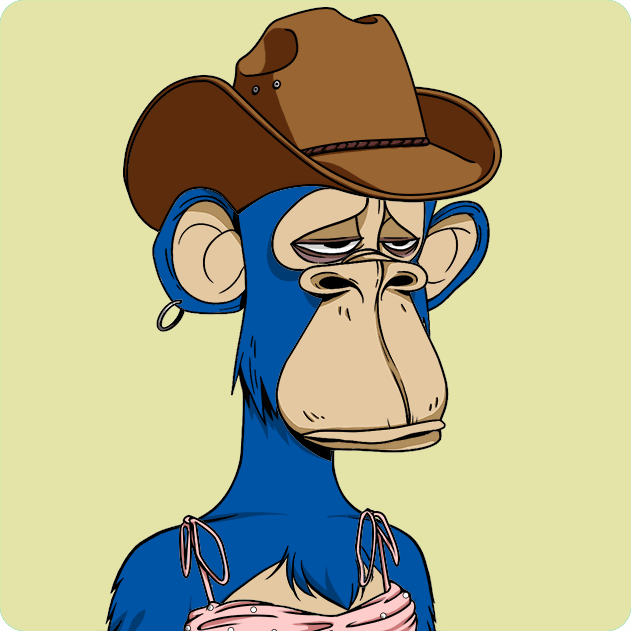 A cartoon illustration of a sad-looking blue ape wearing a brown cowboy hat and a pink top against a pale yellow background.