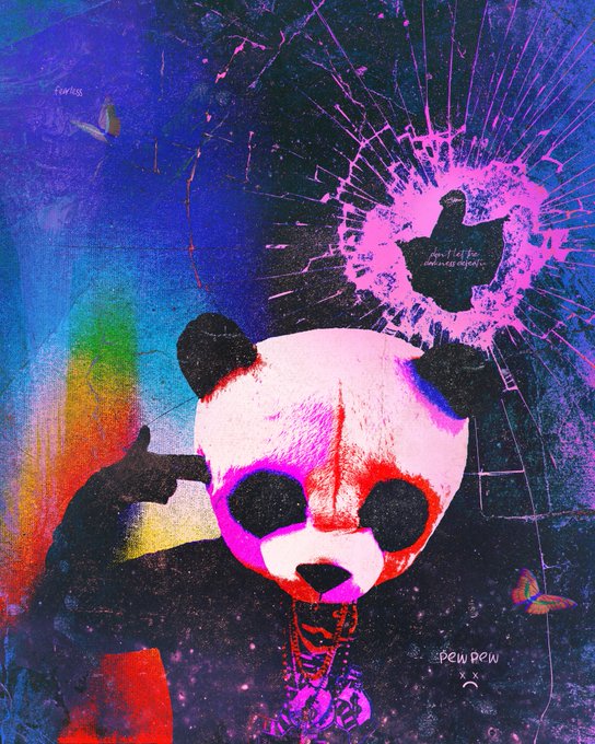 A vibrant mixed-media artwork features a stylized panda with a black-gloved hand pointing at its head, set against a cosmic purple and blue background with a shattered window showing a bird silhouette; the text "pew pew" appears in the lower right.