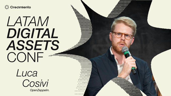 The promotional graphic features a man with glasses, a beard, and dark hair, holding a microphone as he speaks at the LATAM Digital Assets Conf. He is identified on the image as "Luca Cosivi" from "OpenZeppelin," with the event hosted by "Crecimiento" noted in the top left corner.