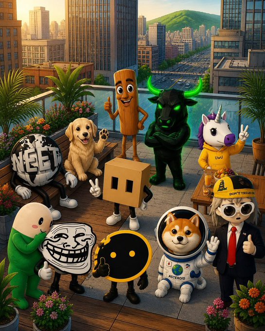 A diverse group of popular meme characters and internet personalities—including the Doge dog, a Trollface, an NEET globe, a cardboard box, and others—pose together on a rooftop, symbolizing the chaotic and meme-driven nature of blindly trusting crypto or investment projects. The image ties into the post's theme by humorously suggesting that putting $10K into any project with blind faith is as absurd and risky as betting on internet memes.