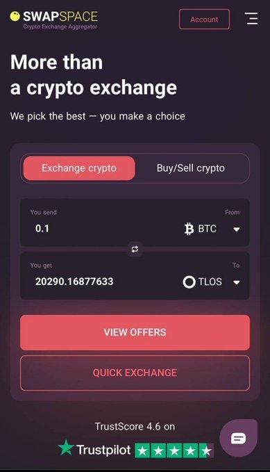 The SwapSpace crypto exchange aggregator website displays a conversion interface exchanging 0.1 BTC for 20290.16877633 TLOS, with a TrustScore of 4.6 on Trustpilot.