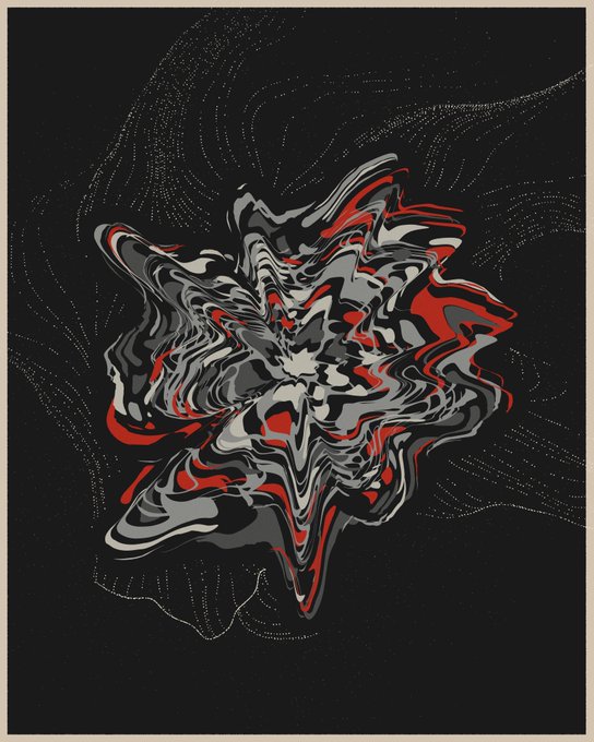 An abstract generative artwork featuring swirling, marbled forms in red, black, white, and gray against a black background with subtle dotted patterns, which appears to be one of the 585 algorithm-generated pieces from the Essentia WL collection being minted on September 8th.