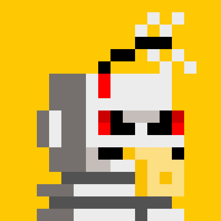 A pixel art image of a robot-like character with a traffic light head, displaying red lights, against a yellow background.