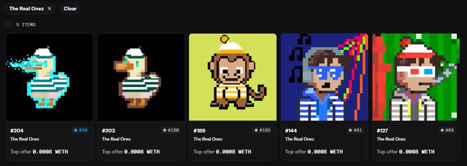 A digital gallery showcasing 5 pixel-art NFTs from "The Real Onez" collection on OpenSea, featuring items numbered #204, #203, #189, #144, and #127 with various pixelated characters. It aligns with the artist's message of gratitude for the community support and recognition of their work.