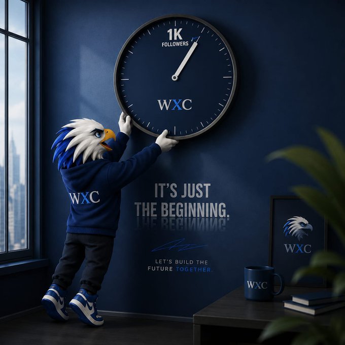A 3D-rendered eagle mascot wearing a navy 'WXC' hoodie and sneakers adjusting a large wall clock that reads '1K FOLLOWERS' above the text 'IT'S JUST THE BEGINNING. LET'S BUILD THE FUTURE TOGETHER.'
