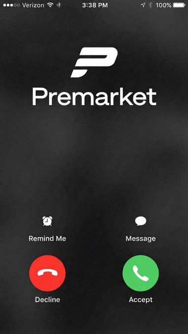 An iPhone incoming call screen showing 'Premarket' as the caller with options to Remind Me, Message, Decline, or Accept the call, displayed at 3:38 PM with full battery.