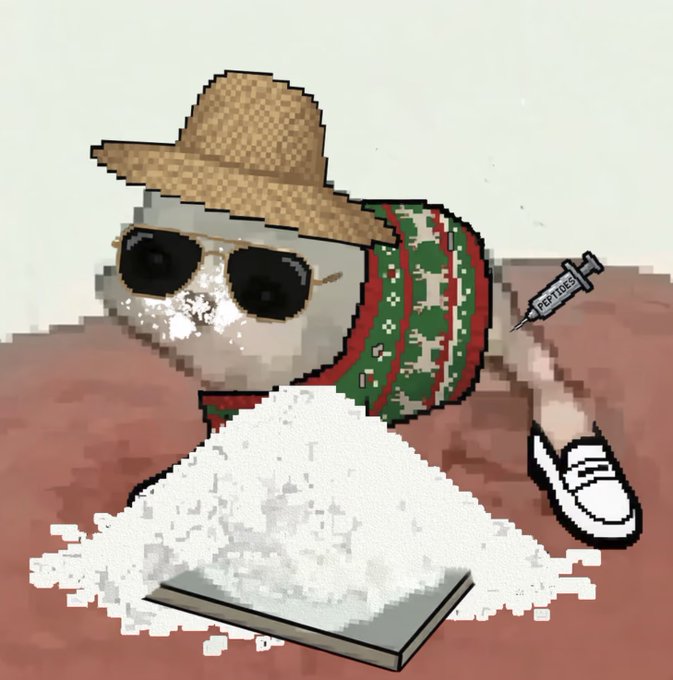 A pixel art illustration shows a sandworm character wearing a straw hat, sunglasses, and a green/red patterned sweater, with a syringe labeled 'PEPTIDES' and a pile of white powder on a mirrored surface.