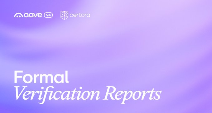 A purple gradient cover image displays the 'aave V4' and 'certora' logos with the title 'Formal Verification Reports'.