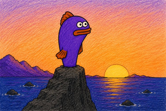 A colorful drawing of a purple fish character standing on a rock by the sea at sunset.