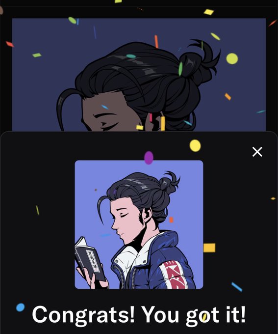 A screenshot showing a celebratory pop-up reading "Congrats! You got it!" alongside an Azuki Elementals NFT illustration of a dark-haired figure reading a book, confirming the acquisition of Azuki Elementals #9526.