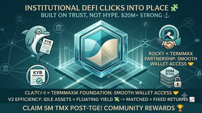 A promotional graphic titled 'INSTITUTIONAL DEFI CLICKS INTO PLACE' for TermMax, highlighting a 'ROCKY x TERMMAX PARTNERSHIP: SMOOTH WALLET ACCESS', '$20M+ $LUSD' in value, KYB approval, and a call to 'CLAIM 5M TMX POST-TGE! COMMUNITY REWARDS'.
