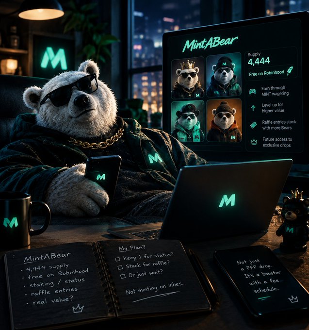 An AI-generated image depicts an anthropomorphic polar bear wearing sunglasses and a gold chain, sitting at a desk with a laptop and phone displaying 'MintABear' branding, along with a notebook outlining a plan for a 4,444 supply NFT drop.