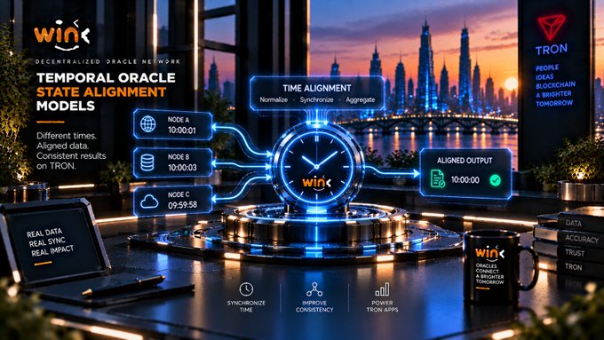 A futuristic promotional graphic for "WIN Decentralized Oracle Network" on TRON, showing "Temporal Oracle State Alignment Models" with elements like "Time Alignment," "Node A/B/C," and "Aligned Output 10:00:00."