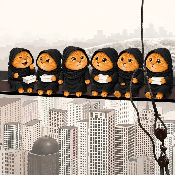 An illustration depicts a row of orange cats dressed in black robes and head coverings, sitting on a steel beam high above a city while holding small white packages, reminiscent of Lunch atop a Skyscraper.