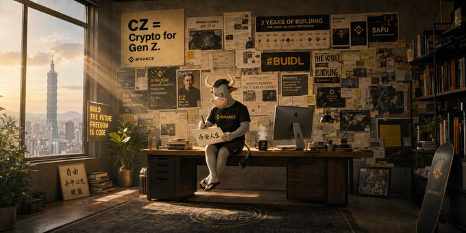 An AI-generated illustration of a person wearing a Binance-branded shirt and a bull/horned helmet, sitting at a desk in an office covered with crypto-related posters and '#BUIDL' themes, with text 'CZ = Crypto for Gen Z.' and '#BUIDL THE FUTURE FREEDOM IS CODE' visible on the walls.
