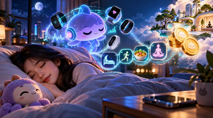 An illustration of a young woman sleeping peacefully in bed, surrounded by floating icons representing health, fitness, meditation, and a cartoon cat character in a dreamy nighttime cityscape.