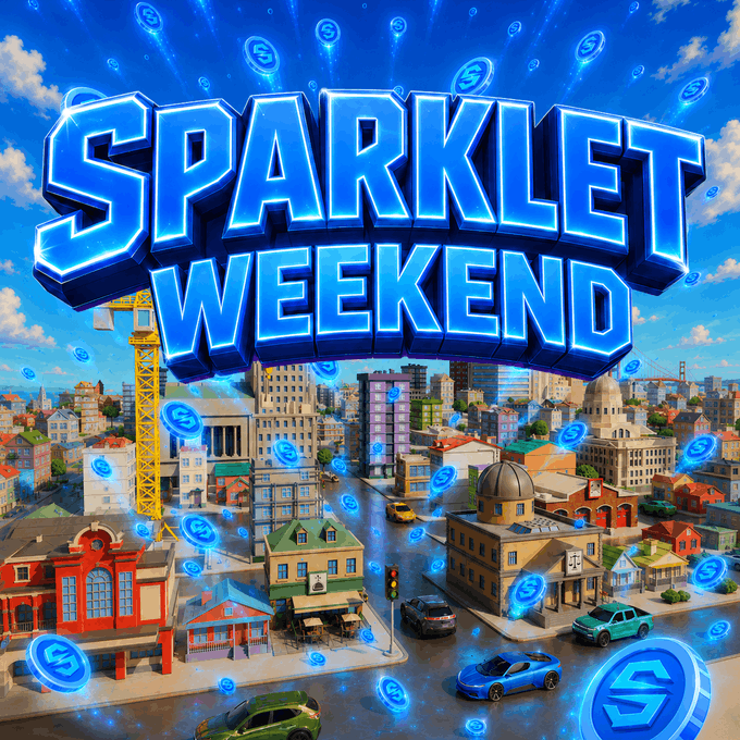 Colorful promotional graphic for 'SPARKLET WEEKEND' showing a vibrant 3D cityscape with floating blue coin icons featuring an 'S' symbol.