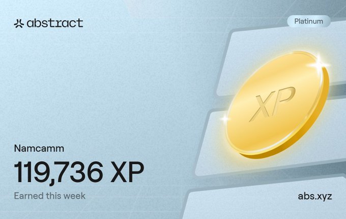 A digital card from the 'abstract' platform showing user 'Namcamm' with '119,736 XP Earned this week' and a 'Platinum' badge alongside a glowing gold XP coin graphic.
