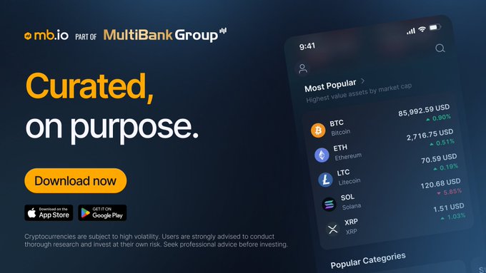 A promotional advertisement for the mb.io app (part of MultiBank Group) featuring the tagline "Curated, on purpose" alongside a smartphone mockup displaying a "Most Popular" crypto list with assets like BTC ($85,992.59), ETH ($2,716.75), LTC, SOL ($120.68), and XRP. The curated approach shown in the app—highlighting only major, established assets with market cap rankings—directly supports the post's message about intentionally limiting listings to quality tokens rather than every new launch.