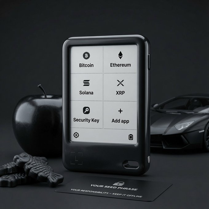 A cryptocurrency hardware wallet device displaying apps for Bitcoin, Ethereum, Solana, XRP, Security Key, and 'Add app' sits next to a black apple, a black sports car, and a card labeled 'YOUR SEED PHRASE - YOUR RESPONSIBILITY - KEEP IT OFFLINE'.