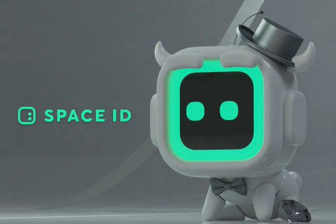 A white robot mascot with a glowing green screen face wears a top hat and bow tie, sitting next to the "SPACE ID" logo and name, visually reinforcing the "GM. Green Mode: ON" post through its vibrant green accents and playful, activated appearance.