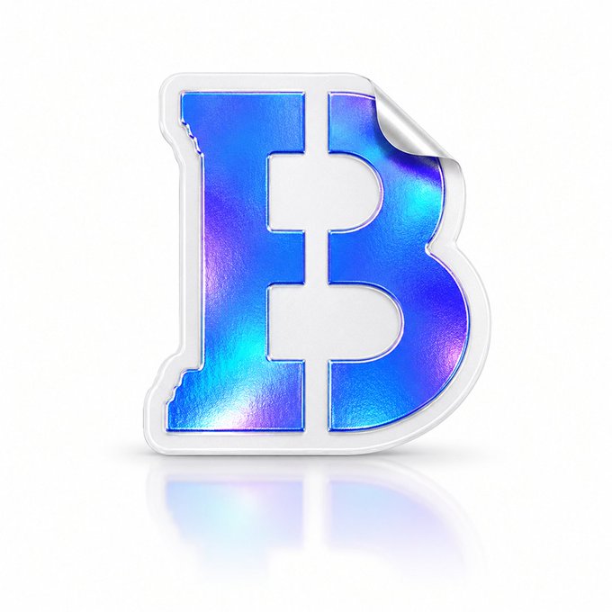 A 3D sticker-style logo of a stylized letter 'B' with a holographic blue and purple finish and a peeled corner effect on a white reflective background.