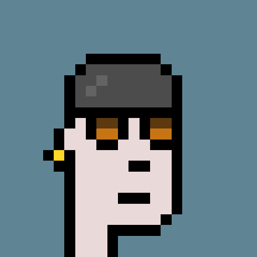 A pixel art illustration of a pale character with brown eyes, wearing a black beanie, set against a solid teal background.