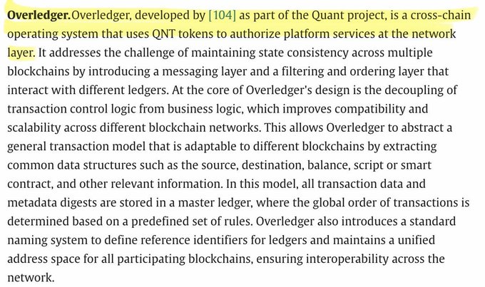 A highlighted text passage describing Overledger as a cross-chain operating system developed by [104] as part of the Quant project, using QNT tokens to authorize platform services at the network layer.