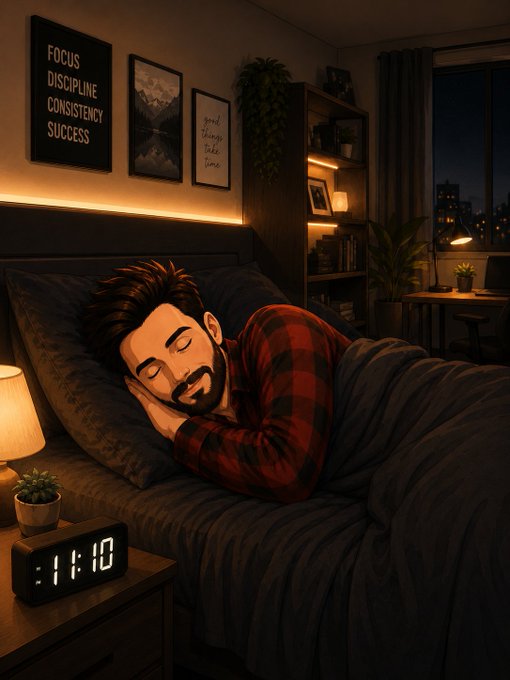 The image depicts a man sleeping peacefully in bed with a clock next to him that reads "11:10". The scene takes place in a bedroom, which has a window providing natural light from outside. There are several potted plants placed around the room, adding a touch of greenery and life to space. A book can also be seen on one of the nightstands, suggesting that the man might have been reading before falling asleep or is currently engaged in some form of reading activity. The overall atmosphere seems calm and serene, with the focus being on the man's peaceful slumber rather than any external factors like the clock or the presence of other people.