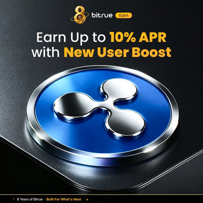 A promotional graphic for Bitrue featuring the Ripple (XRP) logo on a metallic coin against a dark background, with text highlighting "Earn Up to 10% APR with New User Boost" and the tagline "8 Years of Bitrue - Built For What's Next." The image directly supports the post's message about earning yield on RLUSD through Bittrue's earning program, using the XRP logo to emphasize its connection to the XRP ecosystem.