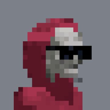 A low-resolution pixelated image shows a character in a red hooded outfit wearing black sunglasses against a gray background.