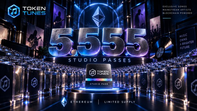 A promotional image for Token Tunes advertising 5,555 limited supply Studio Passes on Ethereum, featuring tags like 'EXCLUSIVE SONGS,' 'MAINSTREAM ARTISTS,' and 'BLOCKCHAIN POWERED.'
