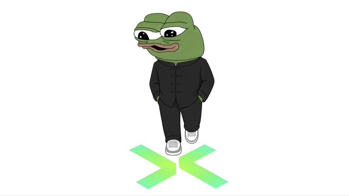 3D cartoon rendering of a Pepe the Frog meme character wearing a black traditional Chinese tang suit and white sneakers, standing on a glowing green 'X' logo.