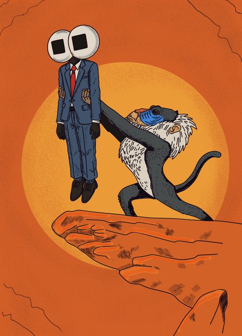 An illustration of a character in a blue suit and tie whose head consists of two TV screens with black squares for faces, being held by a cartoon monkey on a red Mars-like landscape.